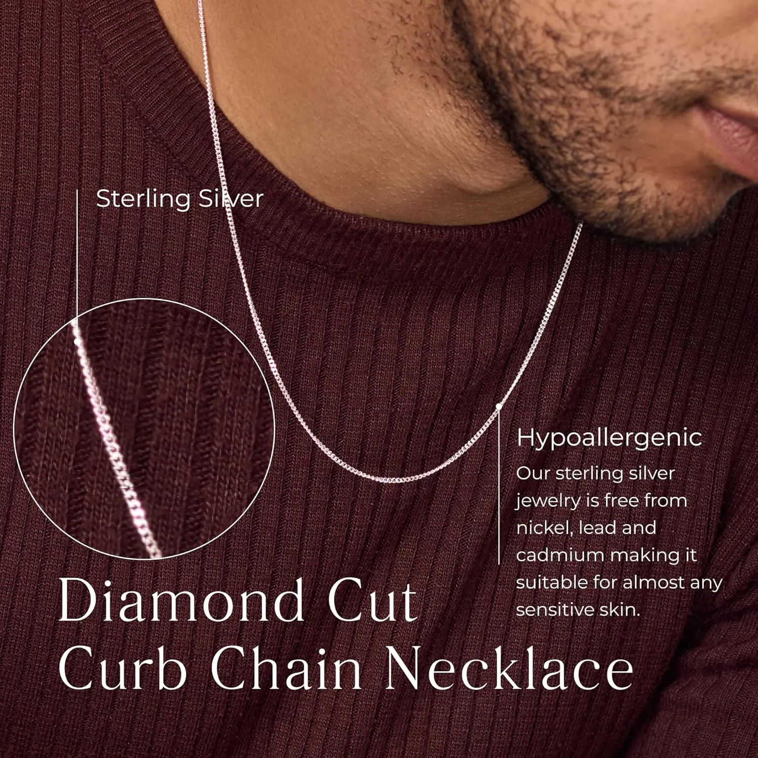 Aeon Jewelry 925 Sterling Silver Necklace - 2mm Diamond Cut Curb Chain | 16, 18, 20, 22, 24" Chain | For Layered Looks, Gifts or Pendant Replacements | Polishing Cloth & Pouch Bag Included