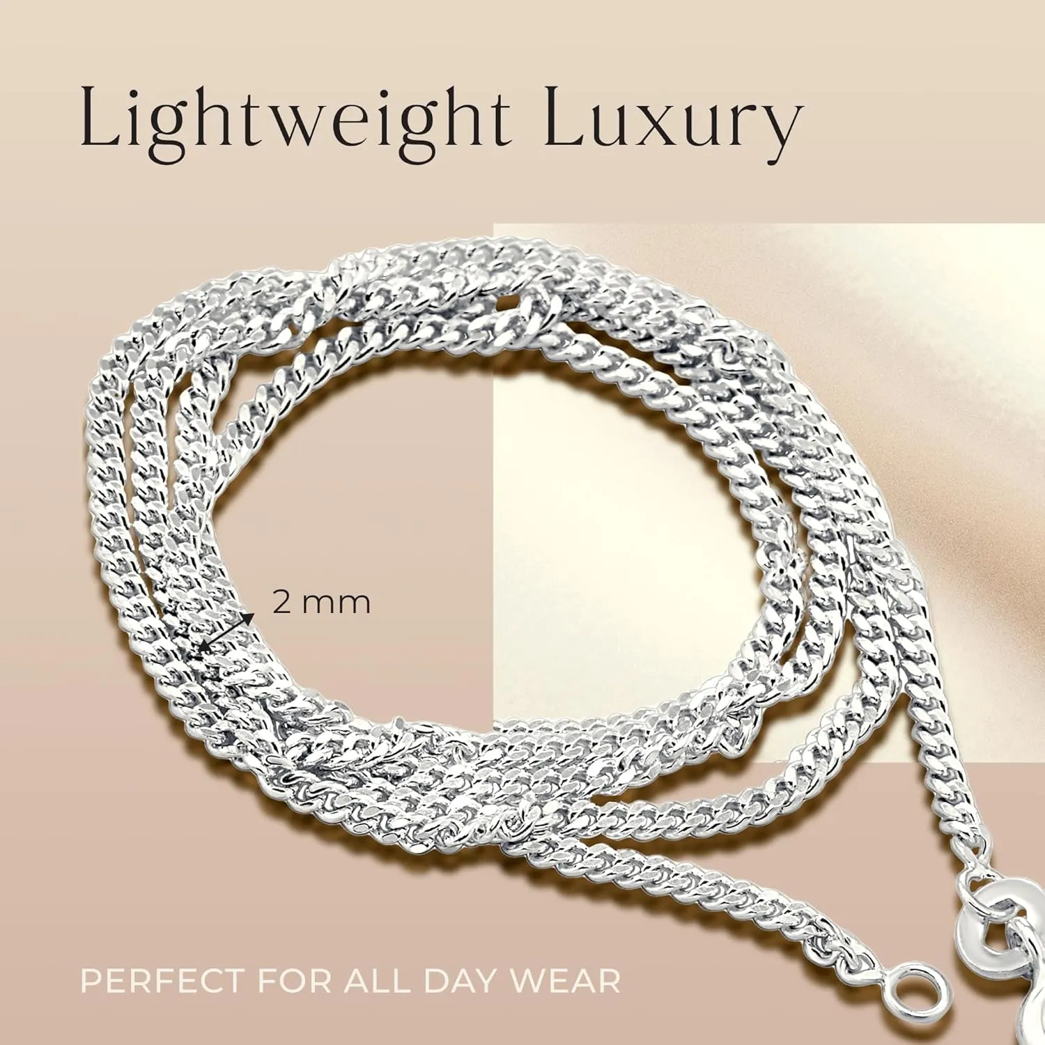 Aeon Jewelry 925 Sterling Silver Necklace - 2mm Diamond Cut Curb Chain | 16, 18, 20, 22, 24" Chain | For Layered Looks, Gifts or Pendant Replacements | Polishing Cloth & Pouch Bag Included