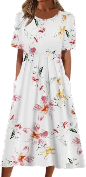 Akivide Womens Boho Floral Flowy Midi Dresses Casual Loose Summer Short Sleeve Beach Dress with Pockets