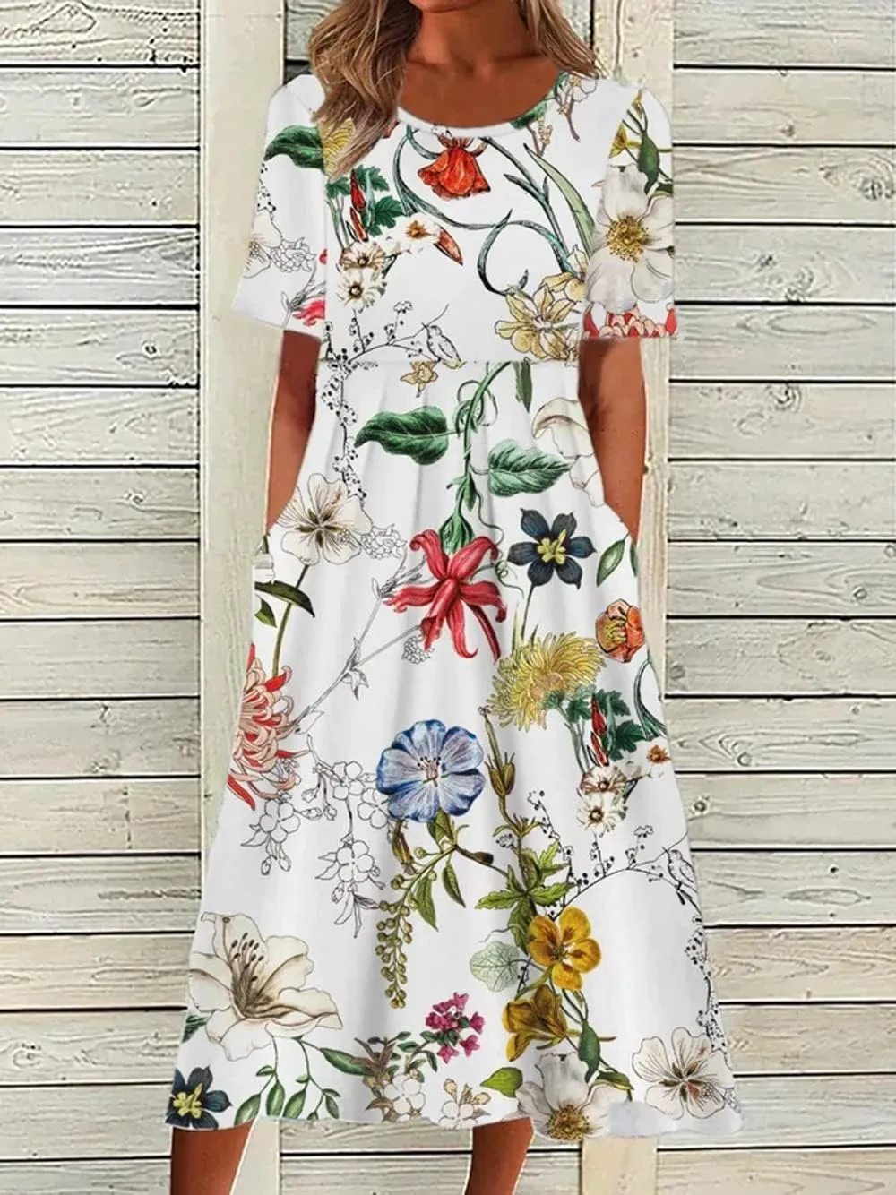 Akivide Womens Boho Floral Flowy Midi Dresses Casual Loose Summer Short Sleeve Beach Dress with Pockets
