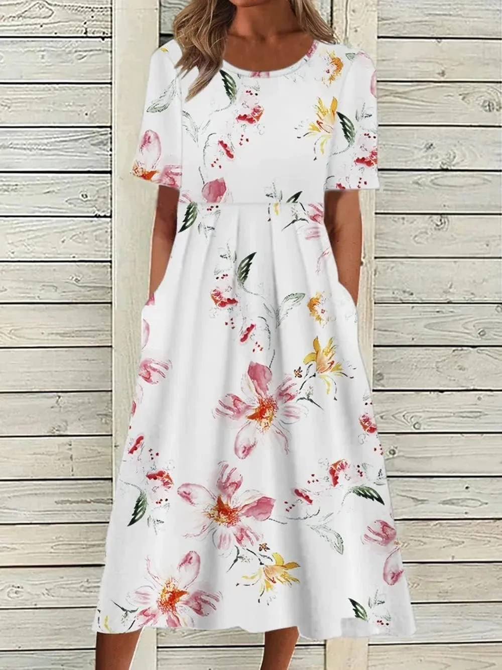 Akivide Womens Boho Floral Flowy Midi Dresses Casual Loose Summer Short Sleeve Beach Dress with Pockets