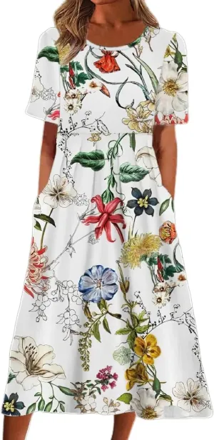 Akivide Womens Boho Floral Flowy Midi Dresses Casual Loose Summer Short Sleeve Beach Dress with Pockets