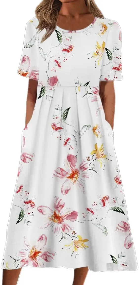 Akivide Womens Boho Floral Flowy Midi Dresses Casual Loose Summer Short Sleeve Beach Dress with Pockets