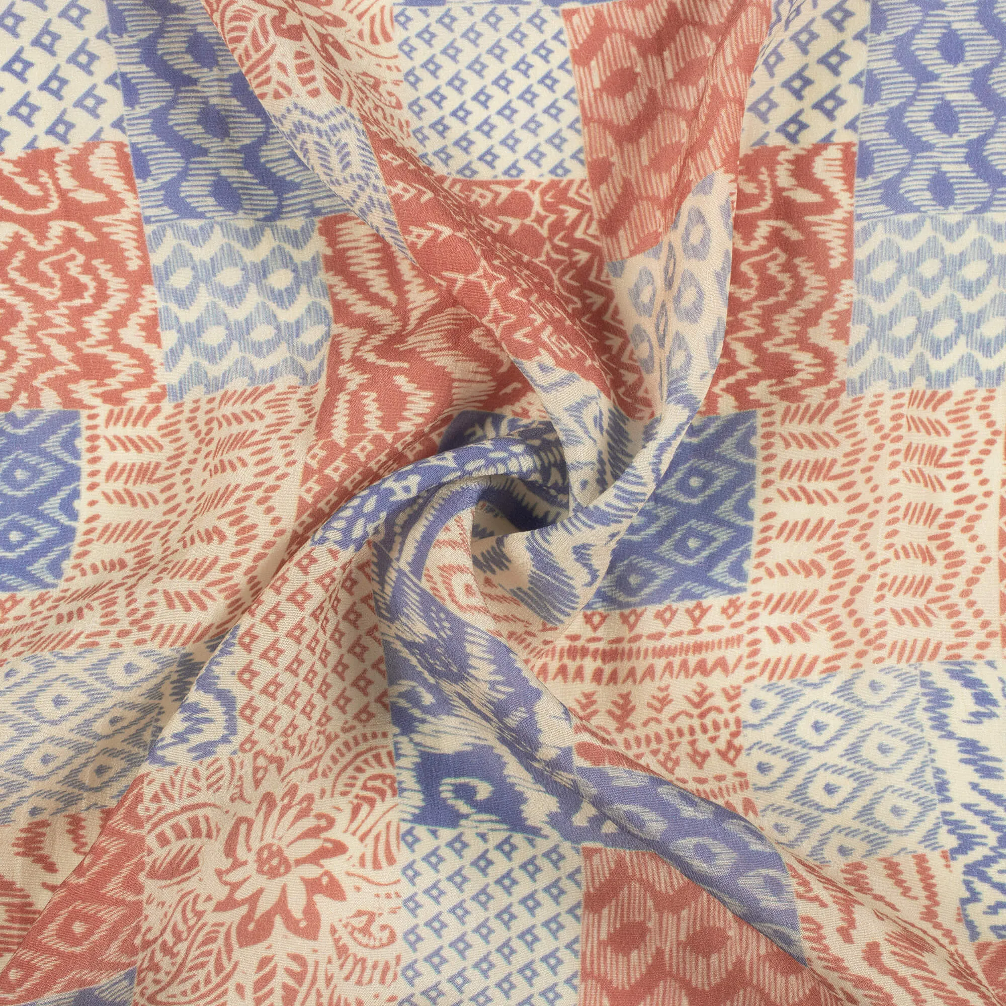 Beige And Purple Patch Pattern Digital Print Viscose Natural Crepe Fabric