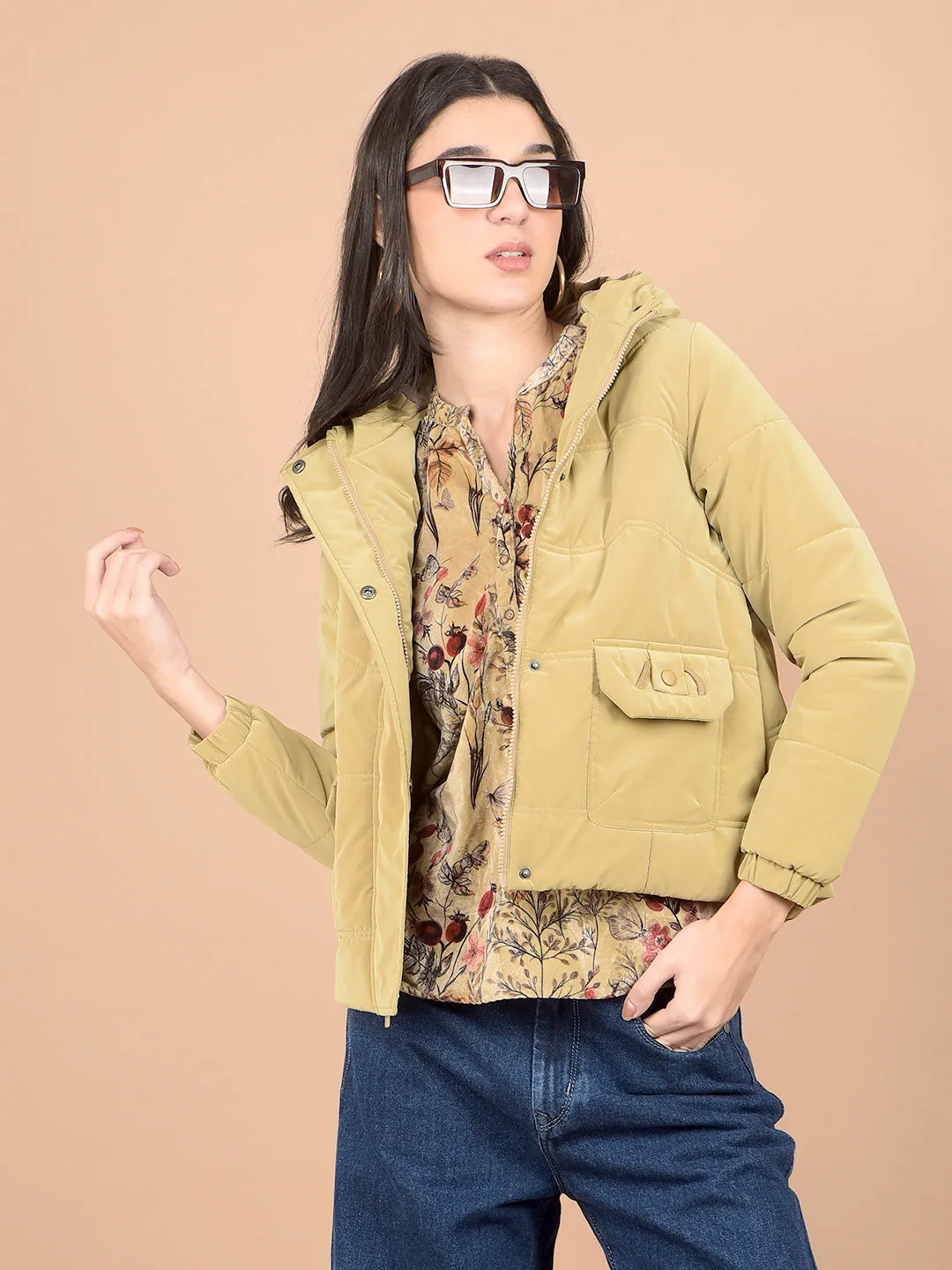 Beige Hooded Neck Puffer Jacket