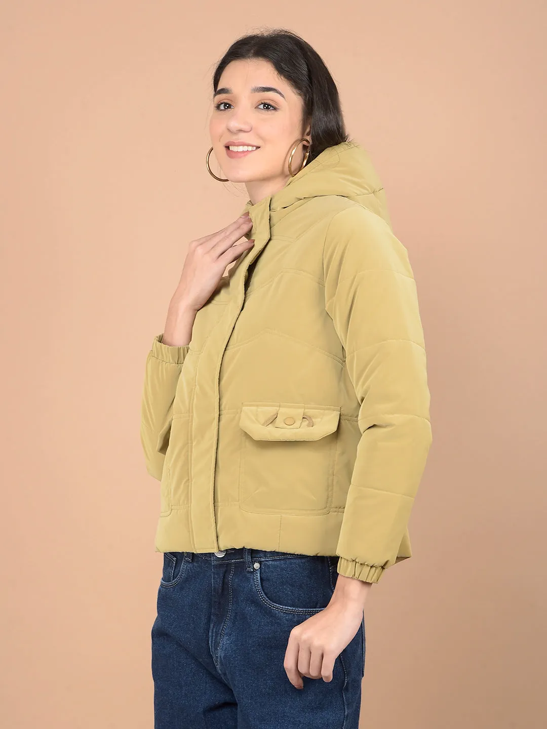 Beige Hooded Neck Puffer Jacket