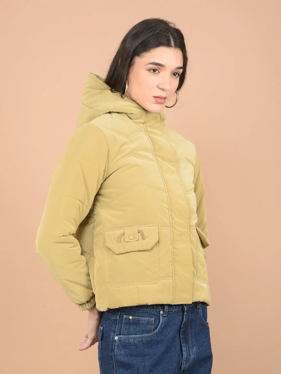 Beige Hooded Neck Puffer Jacket