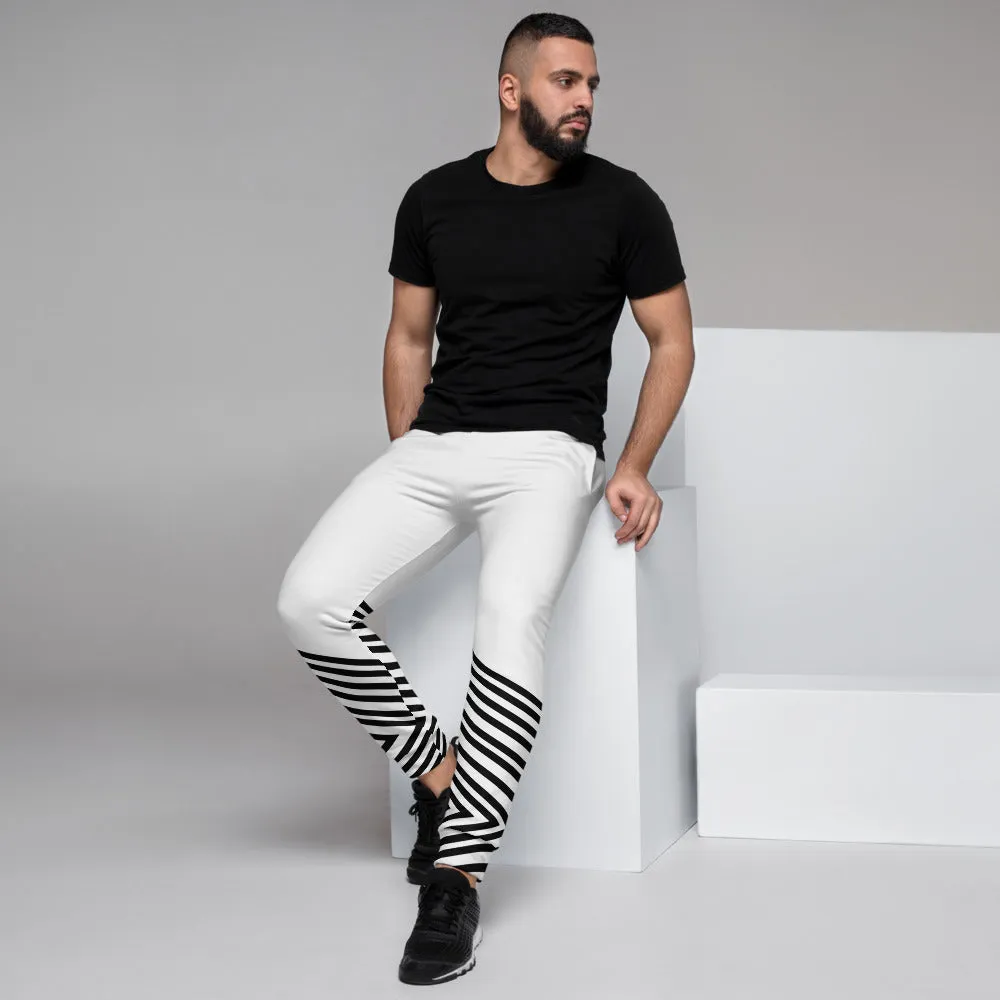 Black White Striped Men's Joggers, Diagonal Stripes Modern Minimalist Sweatpants-Made in EU