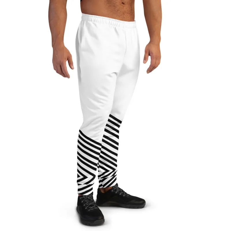 Black White Striped Men's Joggers, Diagonal Stripes Modern Minimalist Sweatpants-Made in EU
