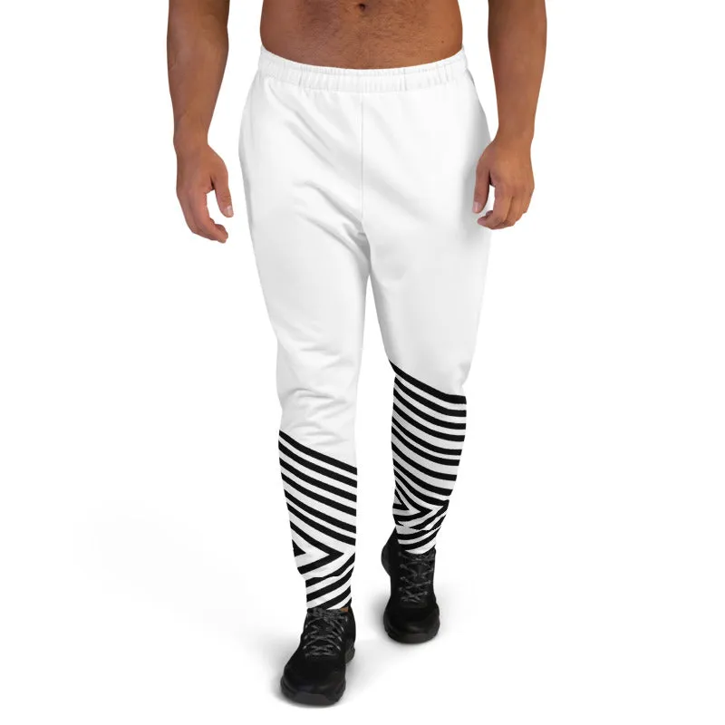 Black White Striped Men's Joggers, Diagonal Stripes Modern Minimalist Sweatpants-Made in EU