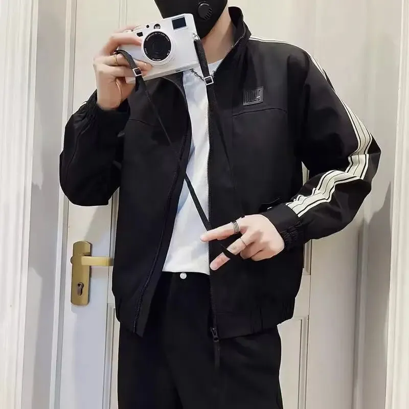 Bonsir Splicing Striped Male Baseball Coats Zip V Men's Bomber Jackets Trendy Cheap Sale Joker New in Korean Reviews Many Deals Cold