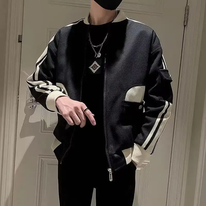 Bonsir Splicing Striped Male Baseball Coats Zip V Men's Bomber Jackets Trendy Cheap Sale Joker New in Korean Reviews Many Deals Cold