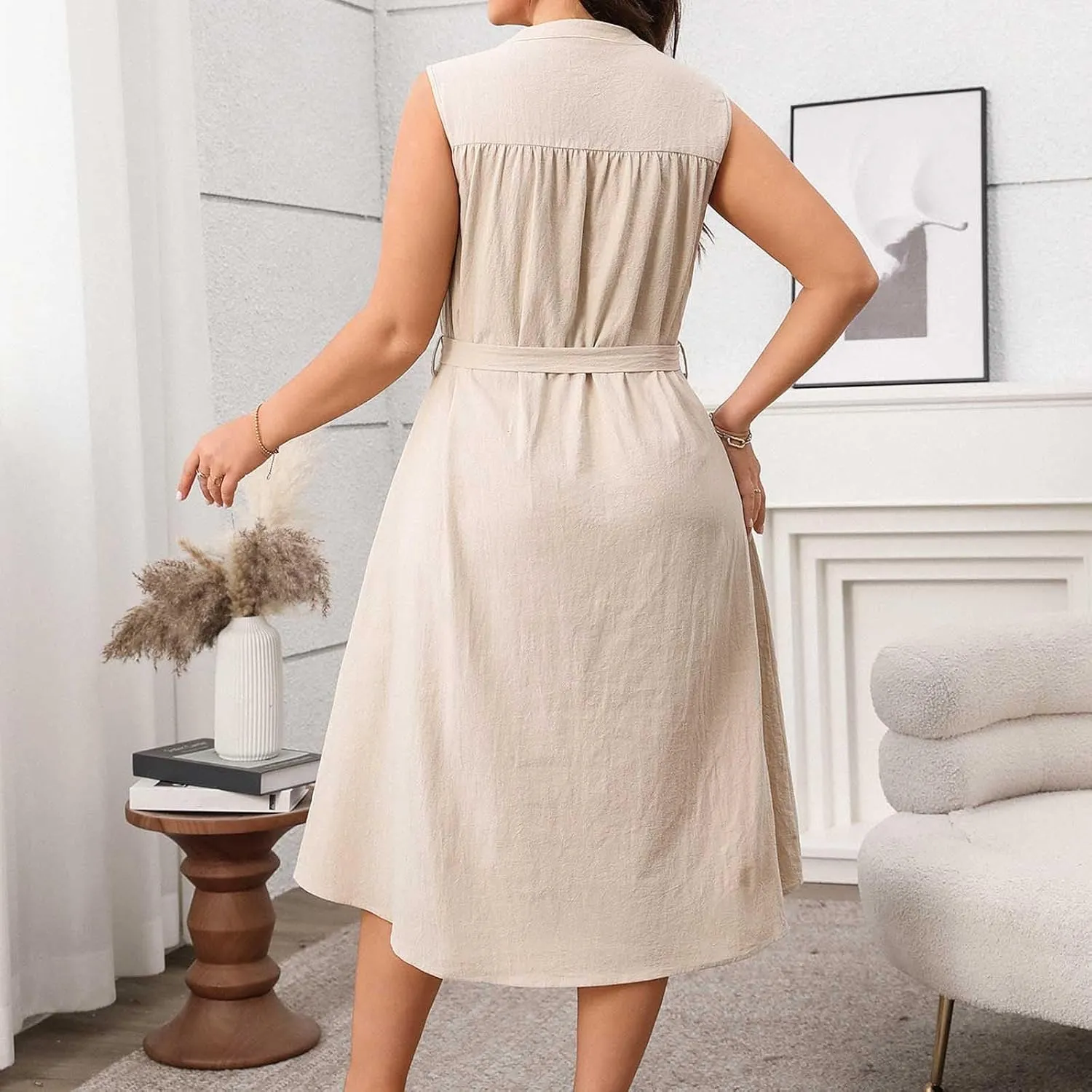 Button-Up Sleeveless Dress for Women Summer Casual Knee Length Sundress Plus Size Tie Waist Crewneck Midi Dresses