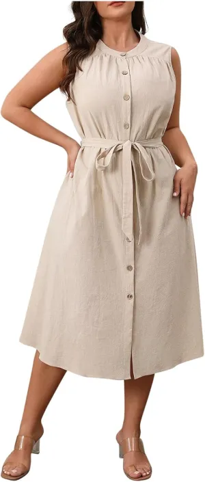 Button-Up Sleeveless Dress for Women Summer Casual Knee Length Sundress Plus Size Tie Waist Crewneck Midi Dresses