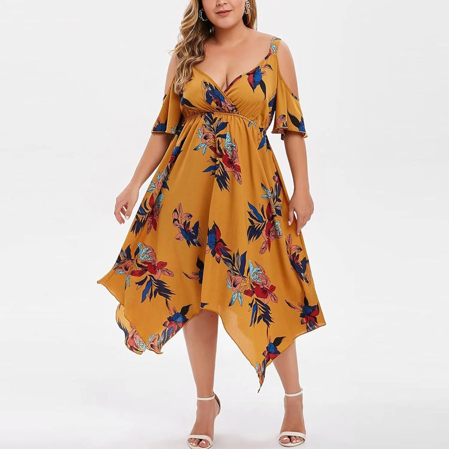 Chiffon for Women Spaghetti Strap Short Sleeve Cold Shoulder Floral Midi Beach Hawaiian Dresses Women 2024