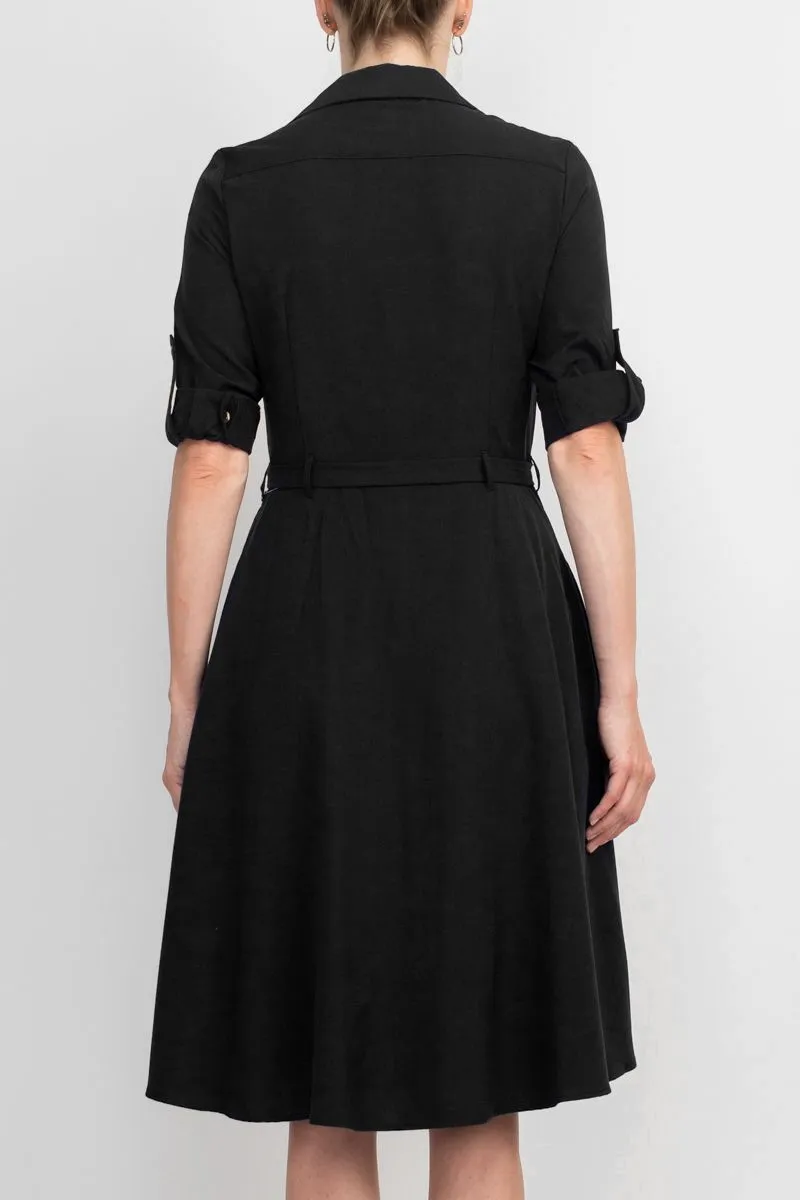 Collared Short Sleeve Tie Waist A-Line Solid Rayon Dress