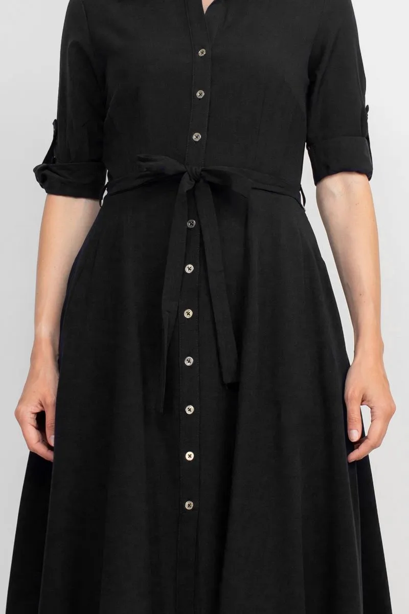 Collared Short Sleeve Tie Waist A-Line Solid Rayon Dress