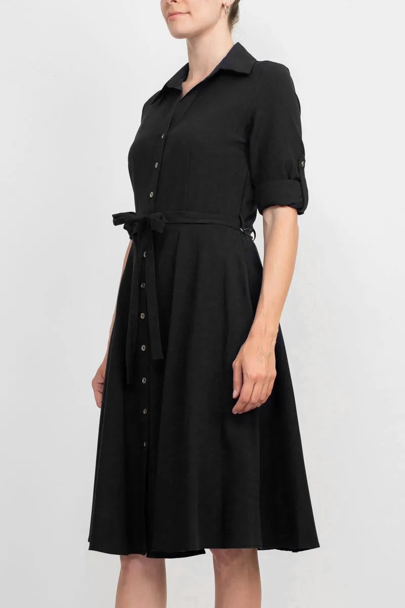 Collared Short Sleeve Tie Waist A-Line Solid Rayon Dress