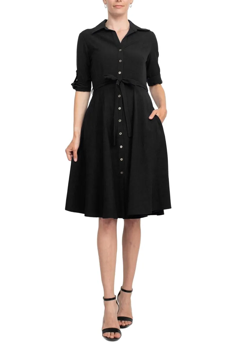 Collared Short Sleeve Tie Waist A-Line Solid Rayon Dress