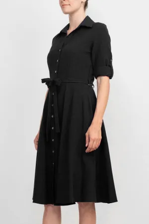 Collared Short Sleeve Tie Waist A-Line Solid Rayon Dress