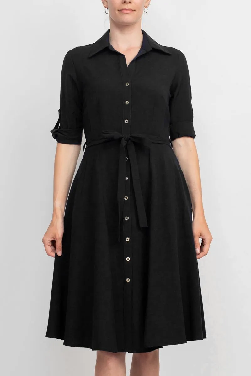 Collared Short Sleeve Tie Waist A-Line Solid Rayon Dress