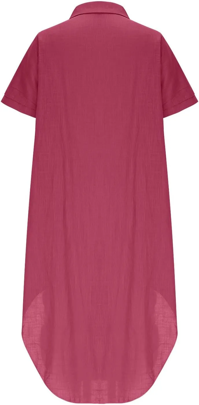 Cotton Linen Women's Short Sleeve Swing Midi Dress Flowy Crewneck Plus Size Casual Beach Vacation T-Shirt Dress