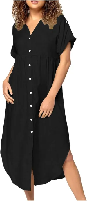 Cotton Linen Women's Short Sleeve Swing Midi Dress Flowy Crewneck Plus Size Casual Beach Vacation T-Shirt Dress