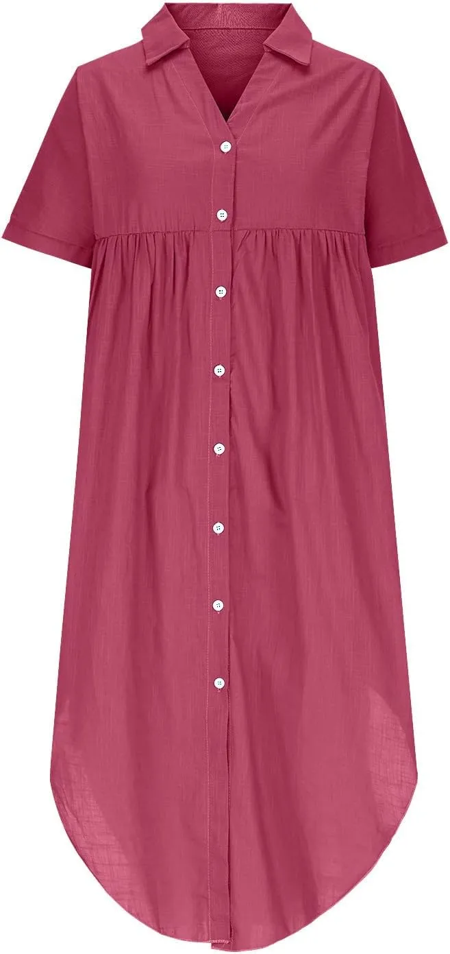 Cotton Linen Women's Short Sleeve Swing Midi Dress Flowy Crewneck Plus Size Casual Beach Vacation T-Shirt Dress