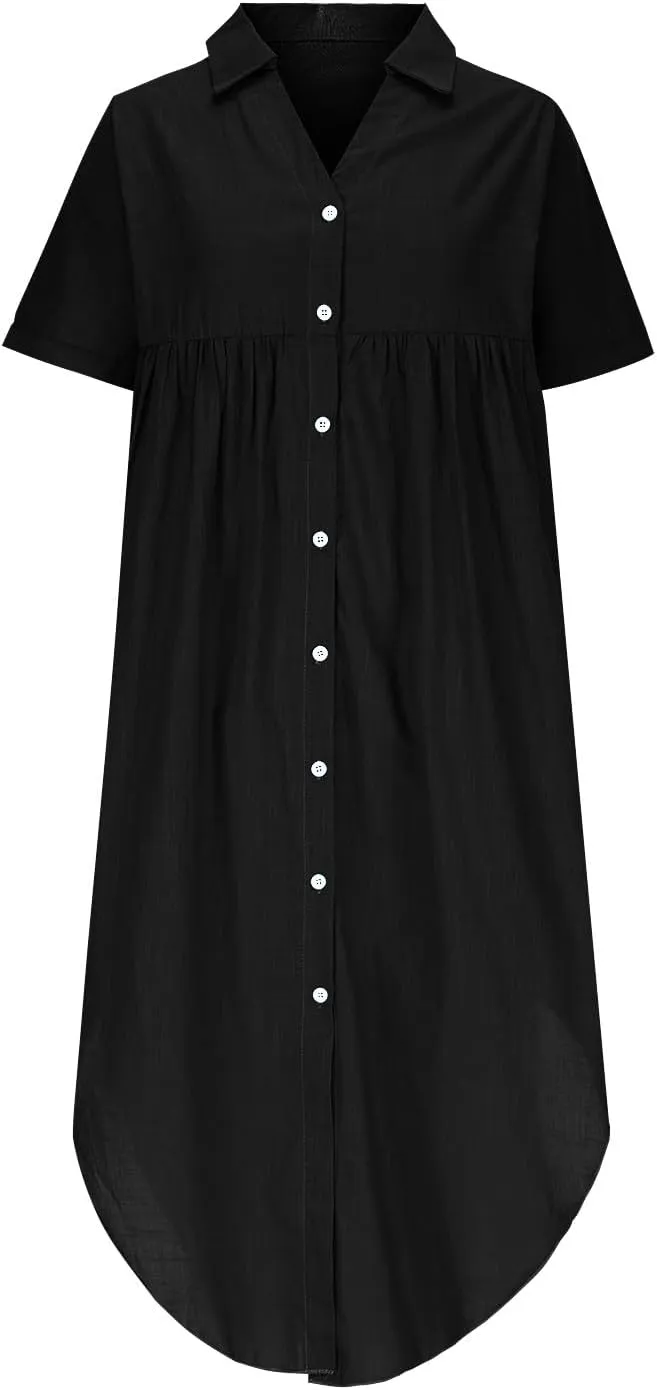 Cotton Linen Women's Short Sleeve Swing Midi Dress Flowy Crewneck Plus Size Casual Beach Vacation T-Shirt Dress