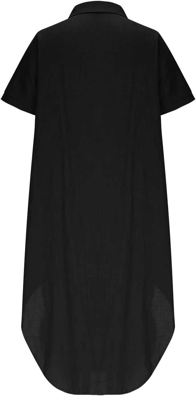Cotton Linen Women's Short Sleeve Swing Midi Dress Flowy Crewneck Plus Size Casual Beach Vacation T-Shirt Dress