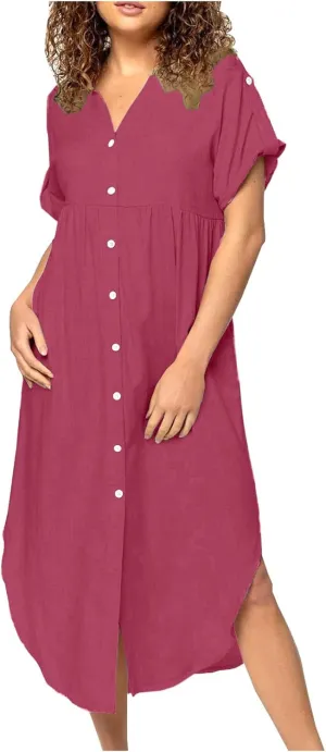 Cotton Linen Women's Short Sleeve Swing Midi Dress Flowy Crewneck Plus Size Casual Beach Vacation T-Shirt Dress