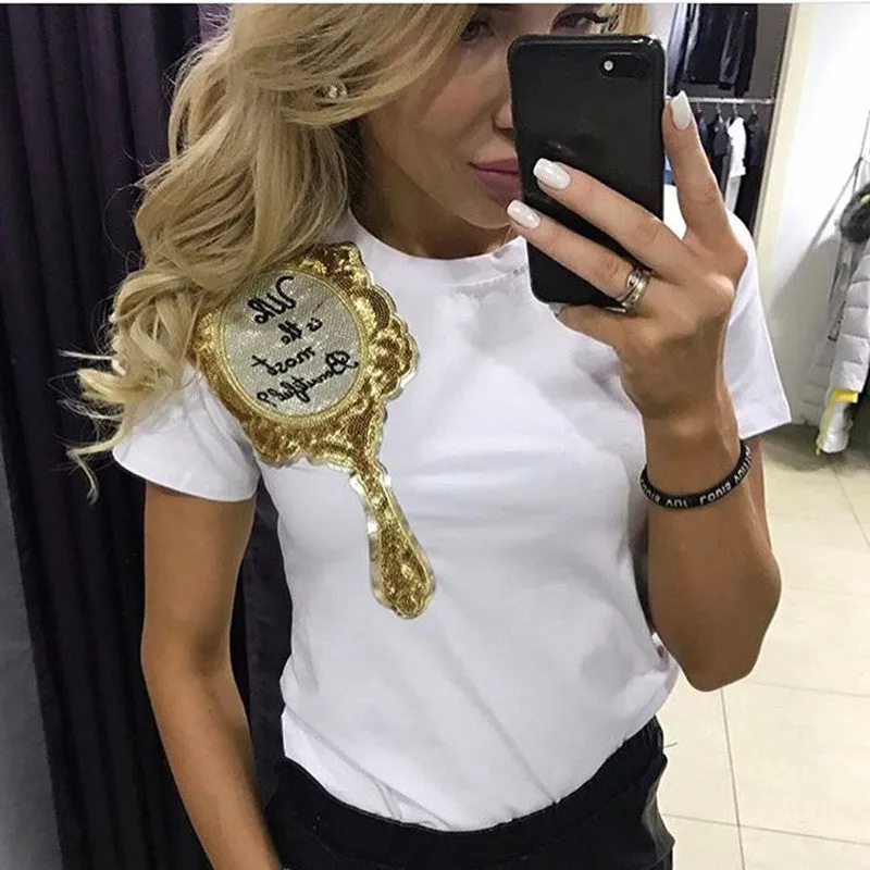 Crystal Mirror Print Short Sleeves Slim T-shirt