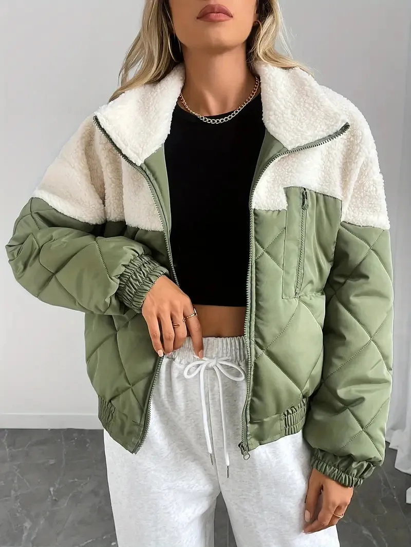 Dames winterjas - colourblock, rits, opstaande kraag, warm