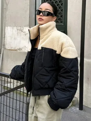 Dames winterjas - colourblock, rits, opstaande kraag, warm