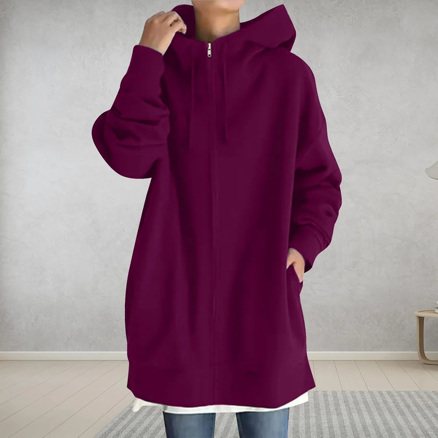 DASAYO Womens Long Oversized Hoodies Plus Size Pullover Hooded Hem Top Sweater Sweatshirts Winter Ouffits with Slit Pockets