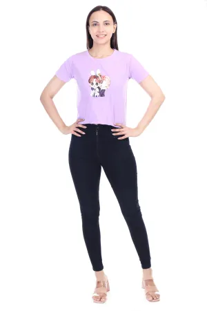 DK FASHION Women's  Women Solid Round Neck Pure Cotton Anime Lavender Print T-Shirt