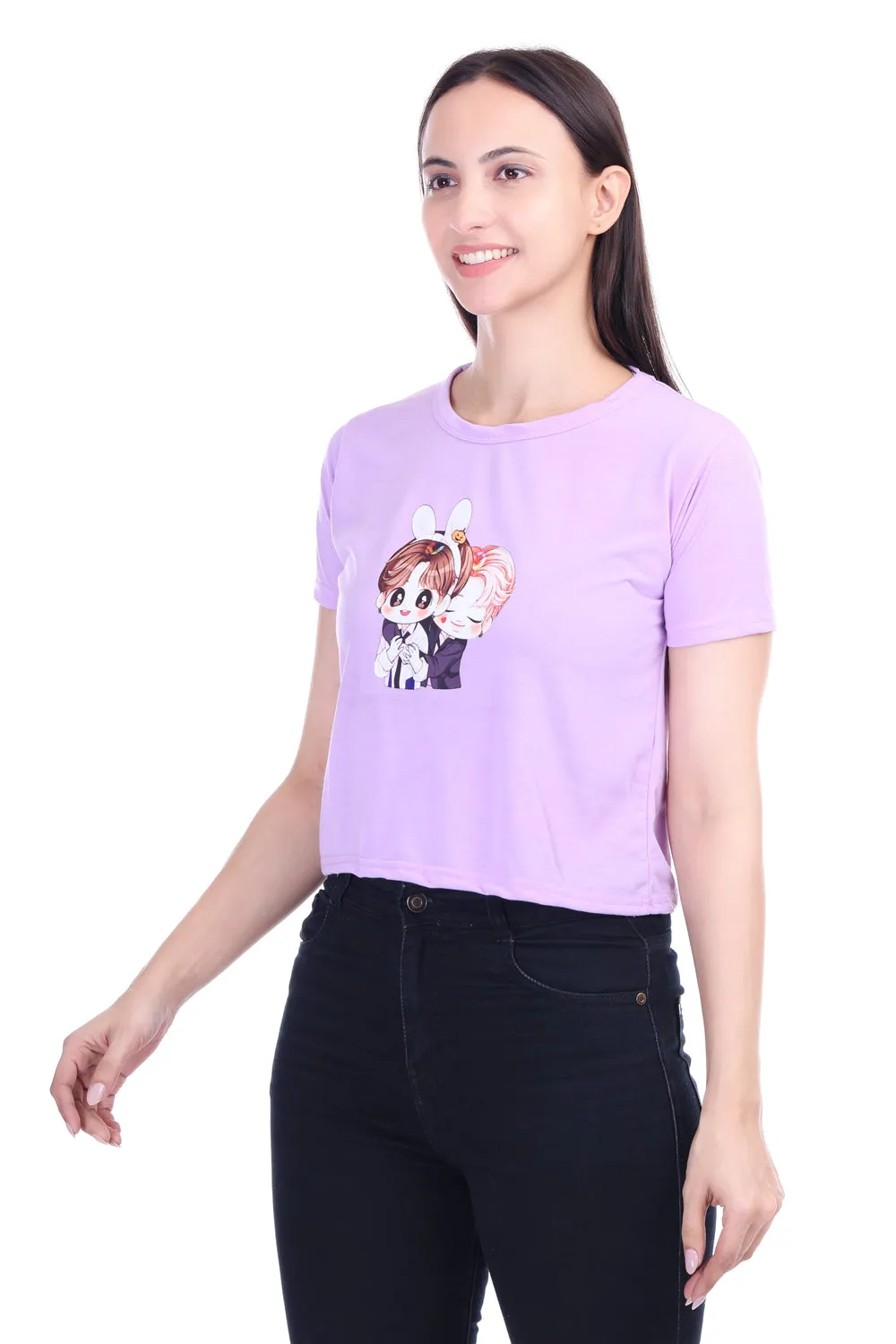 DK FASHION Women's  Women Solid Round Neck Pure Cotton Anime Lavender Print T-Shirt