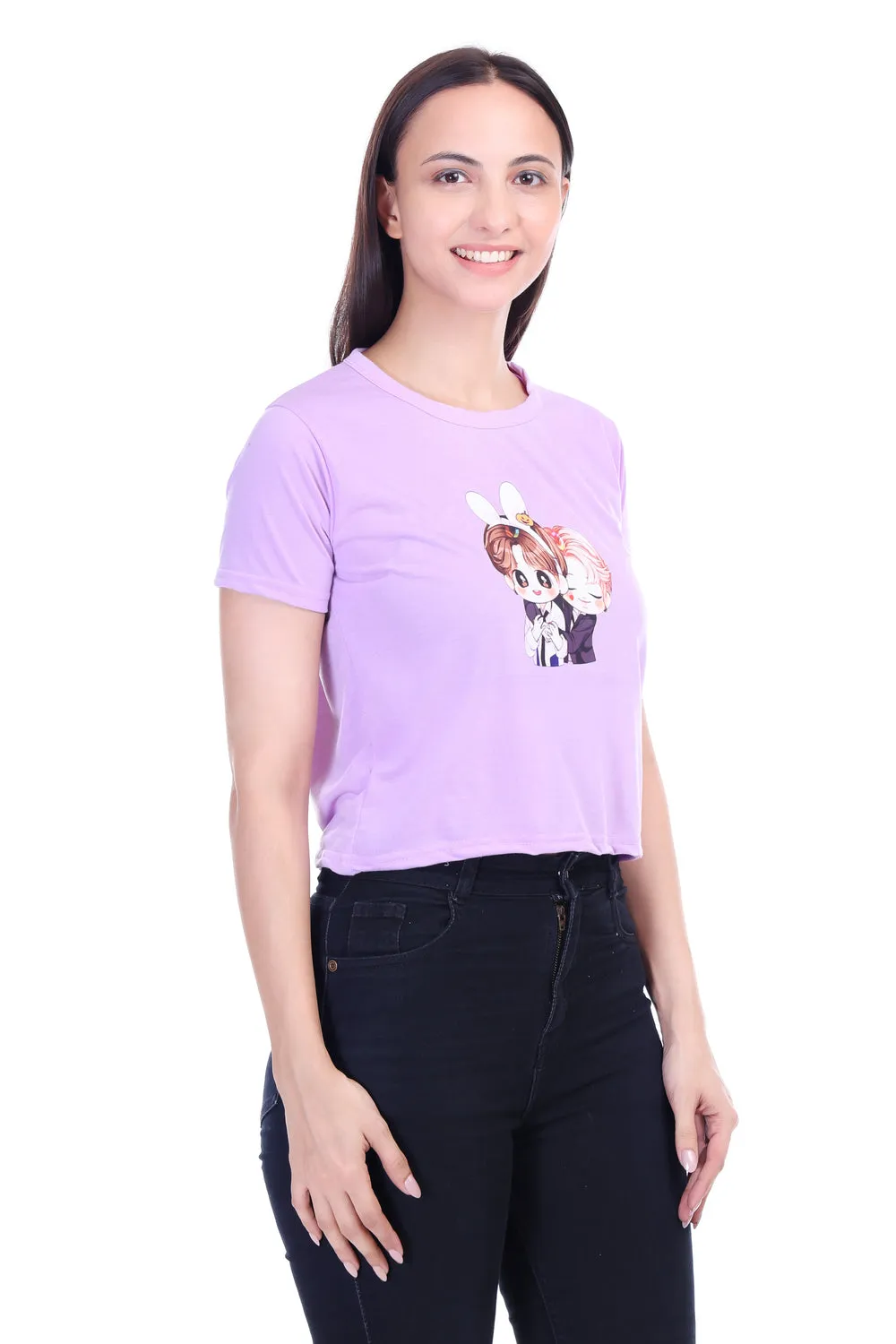 DK FASHION Women's  Women Solid Round Neck Pure Cotton Anime Lavender Print T-Shirt