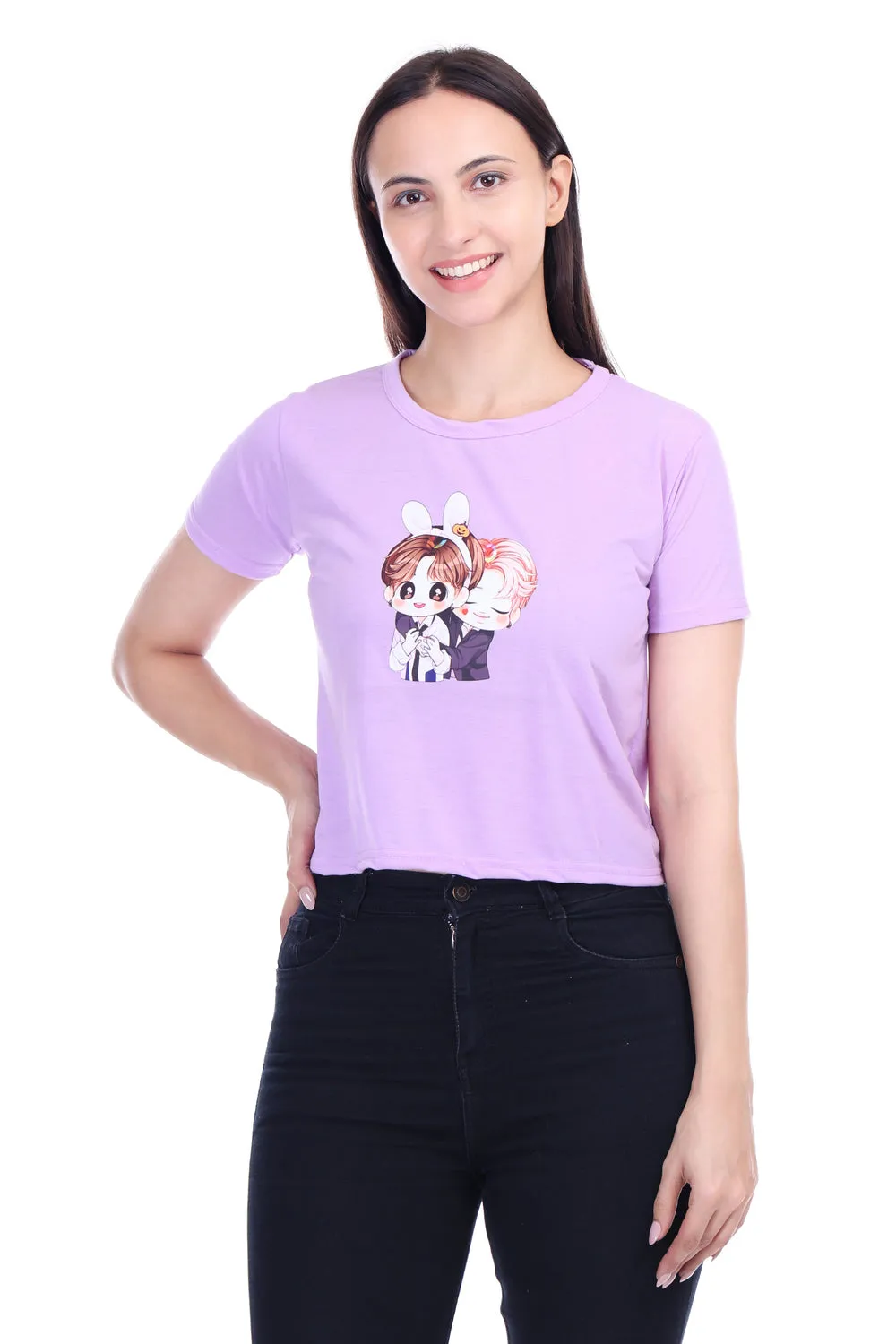 DK FASHION Women's  Women Solid Round Neck Pure Cotton Anime Lavender Print T-Shirt