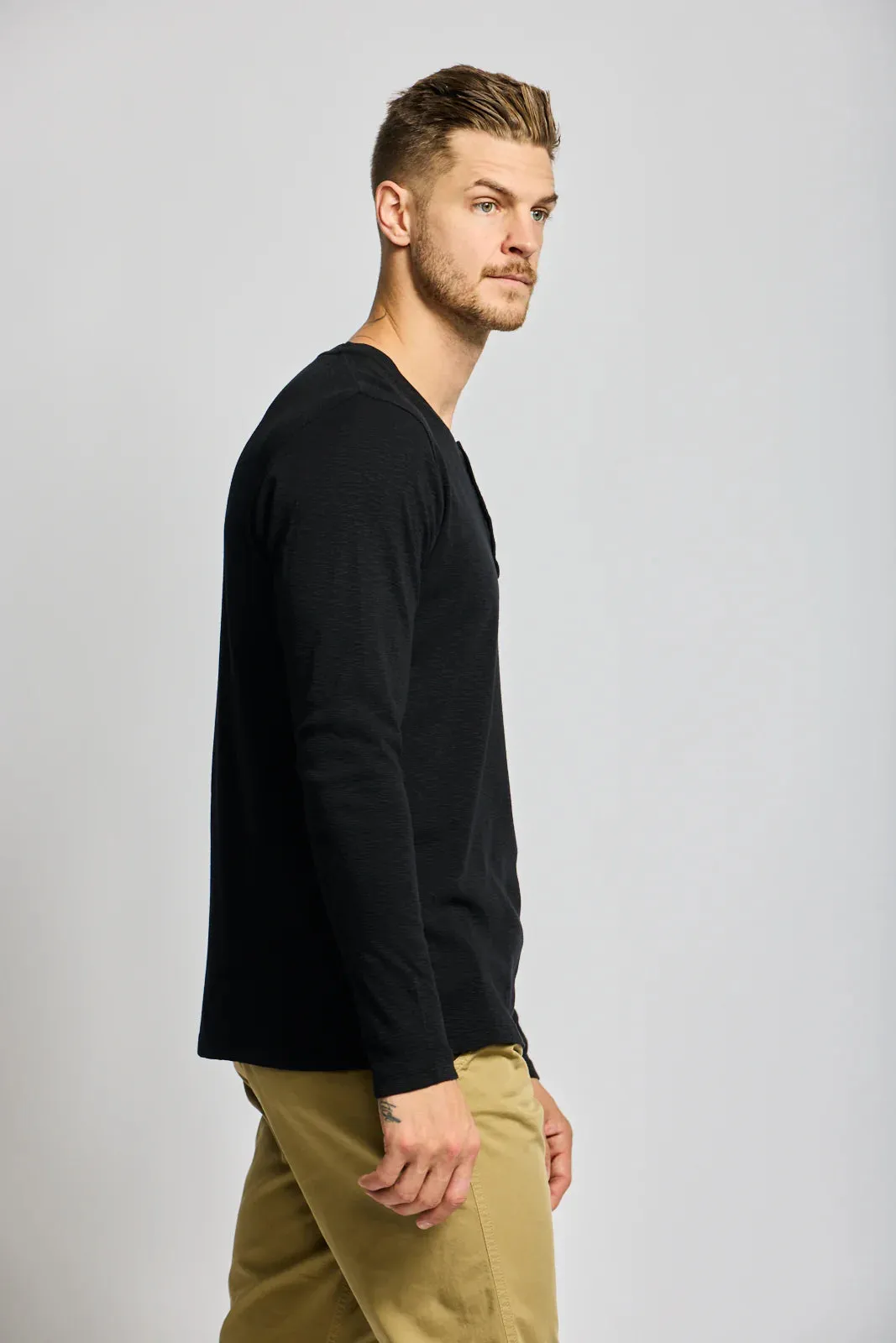 Easy Mondays Black Slub Henley Long Sleeve T-Shirt