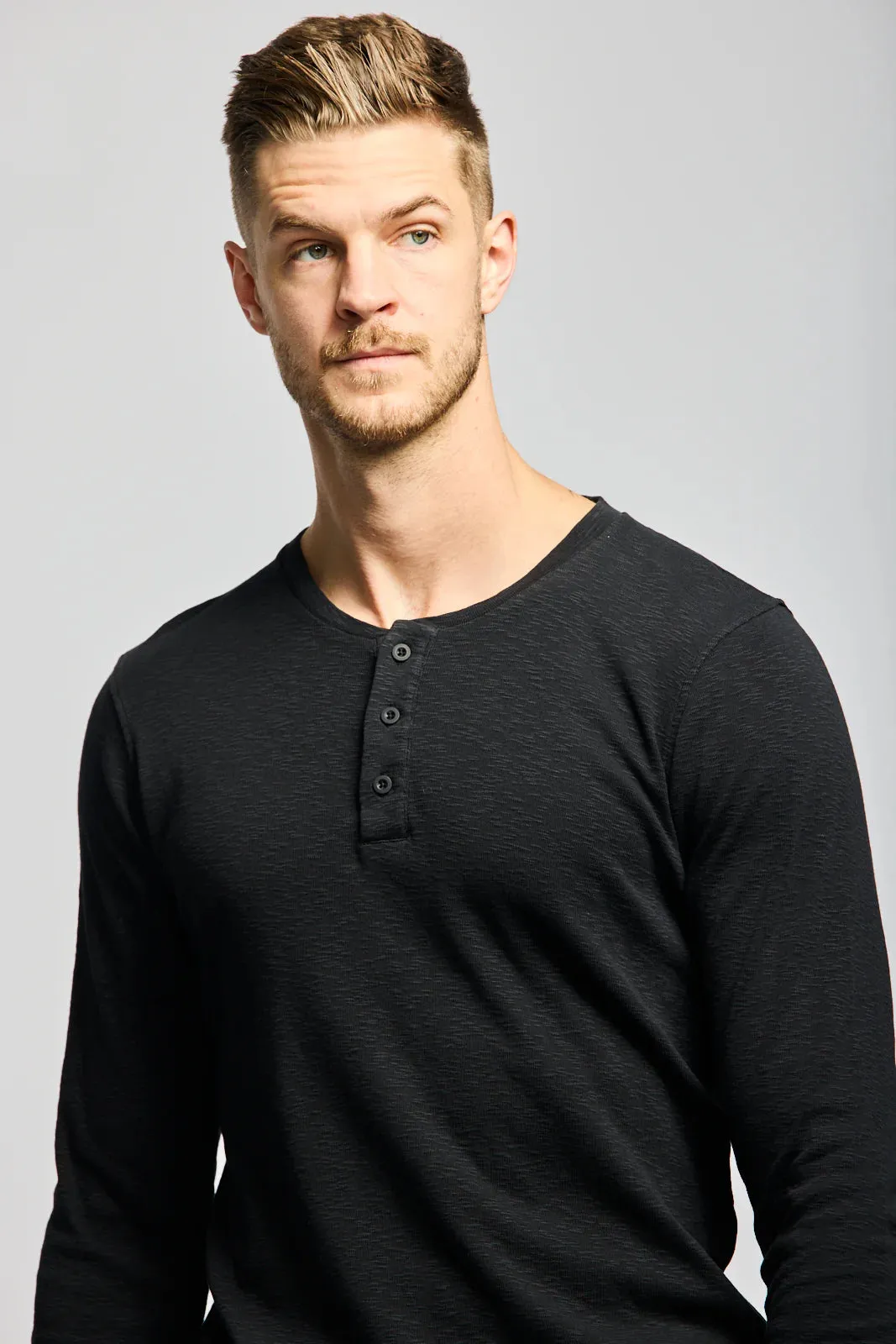 Easy Mondays Black Slub Henley Long Sleeve T-Shirt