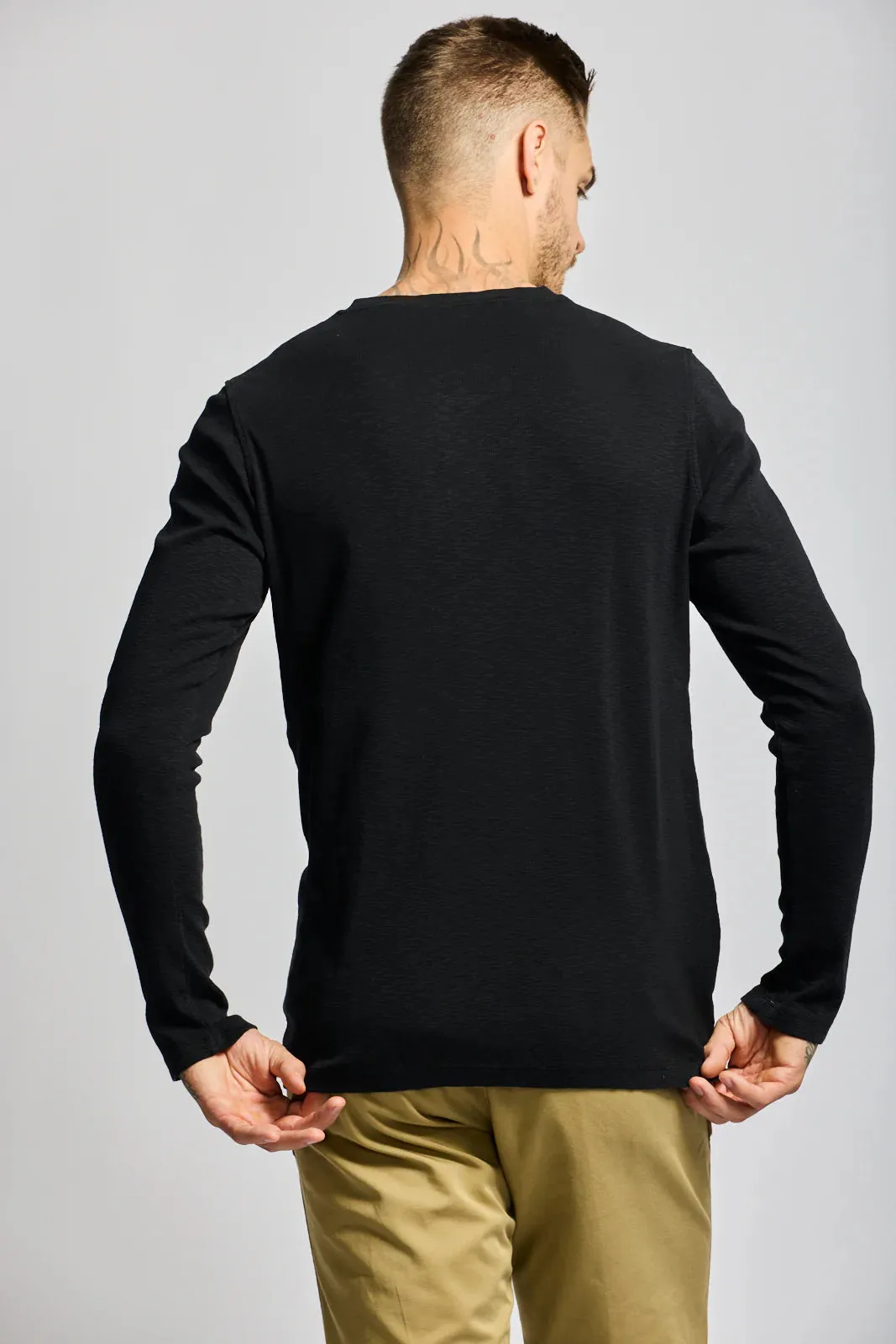 Easy Mondays Black Slub Henley Long Sleeve T-Shirt