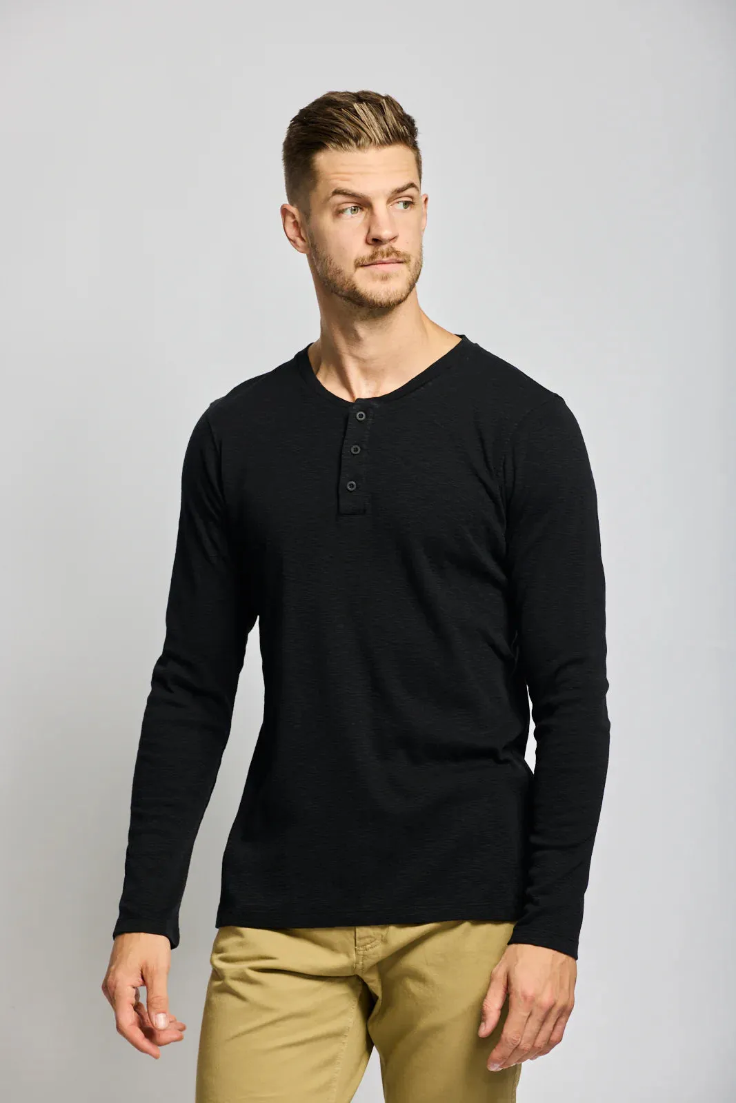 Easy Mondays Black Slub Henley Long Sleeve T-Shirt