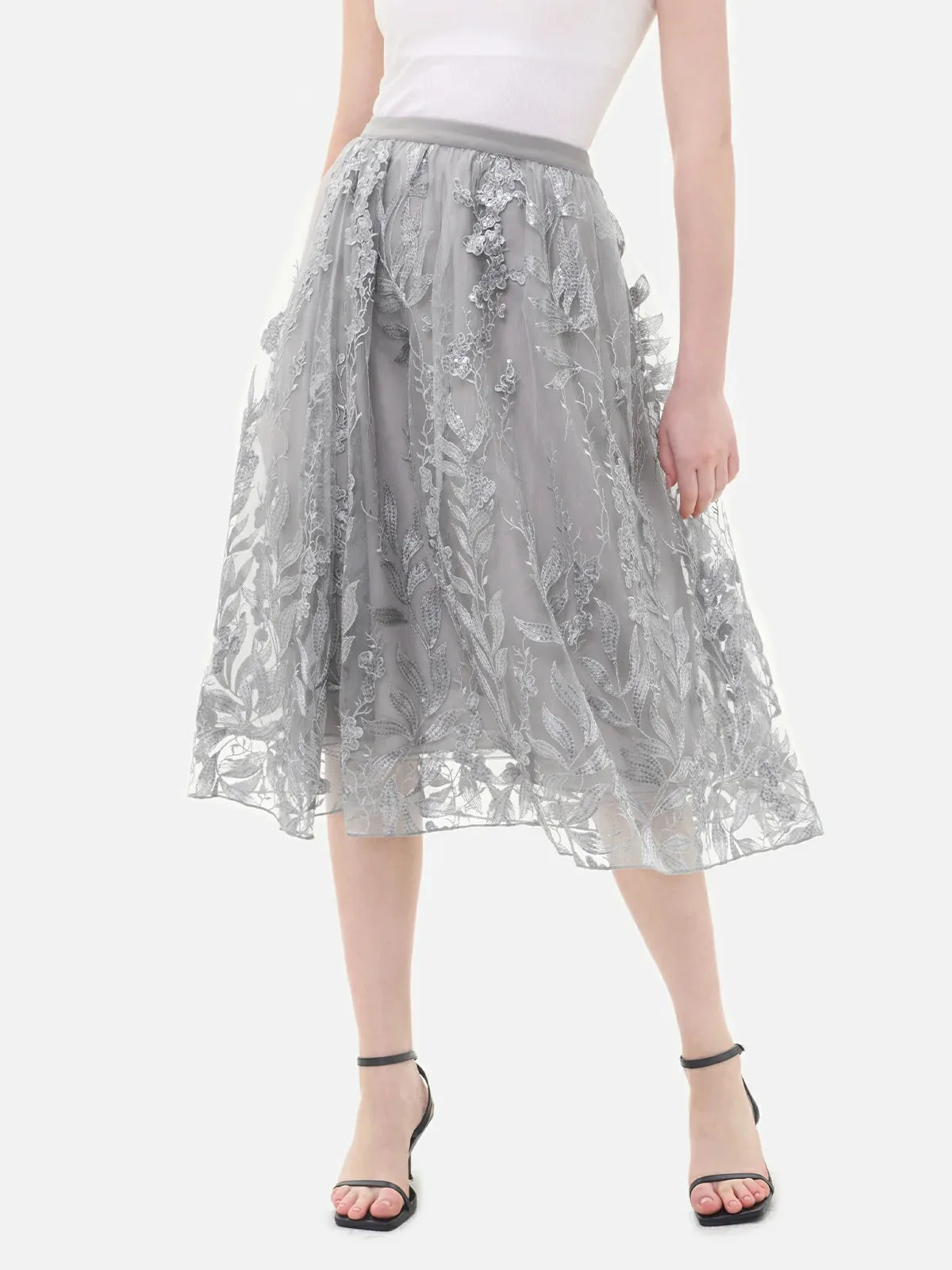 Embroidered Floral  A-Line Tulle Skirt