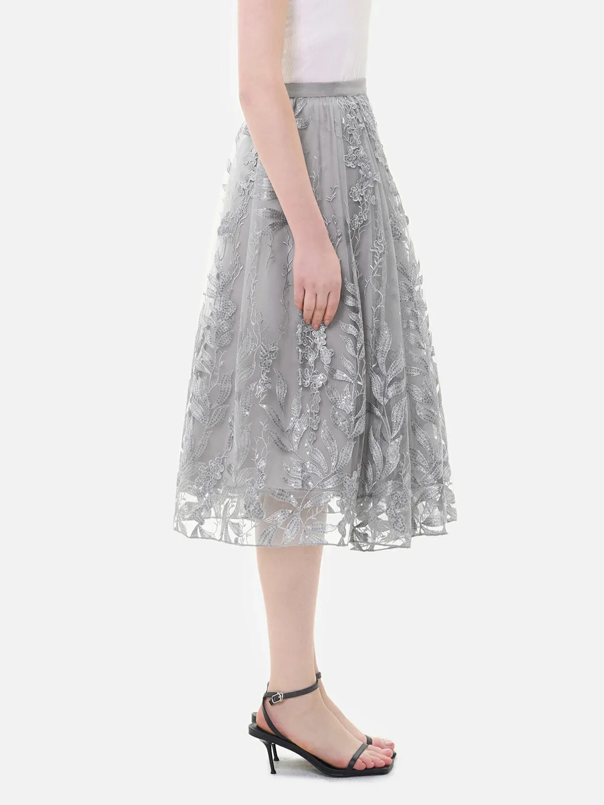 Embroidered Floral  A-Line Tulle Skirt