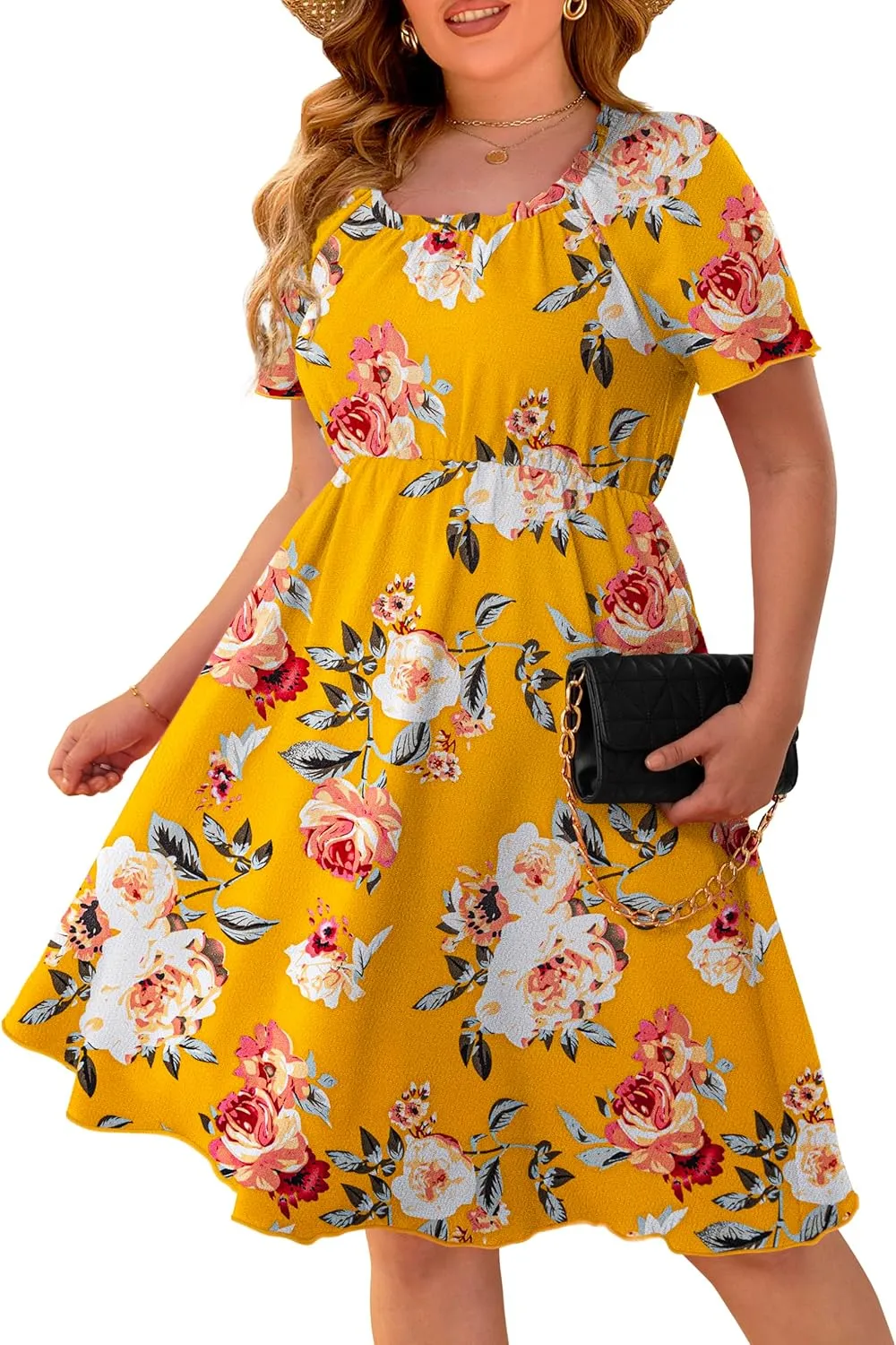 FOLUNSI Women's Plus Size Short Sleeve Pleated Casual Shirt Dress with Pockets