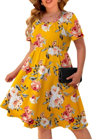 FOLUNSI Women's Plus Size Short Sleeve Pleated Casual Shirt Dress with Pockets