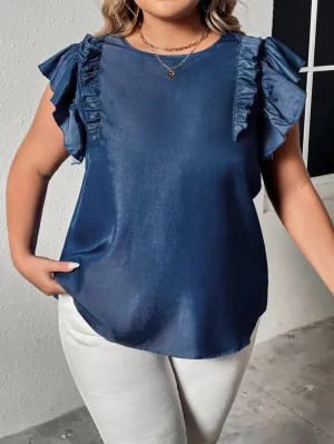 Frill Trim Ruffled Shoulder Plus Size Navy Blue Blouse