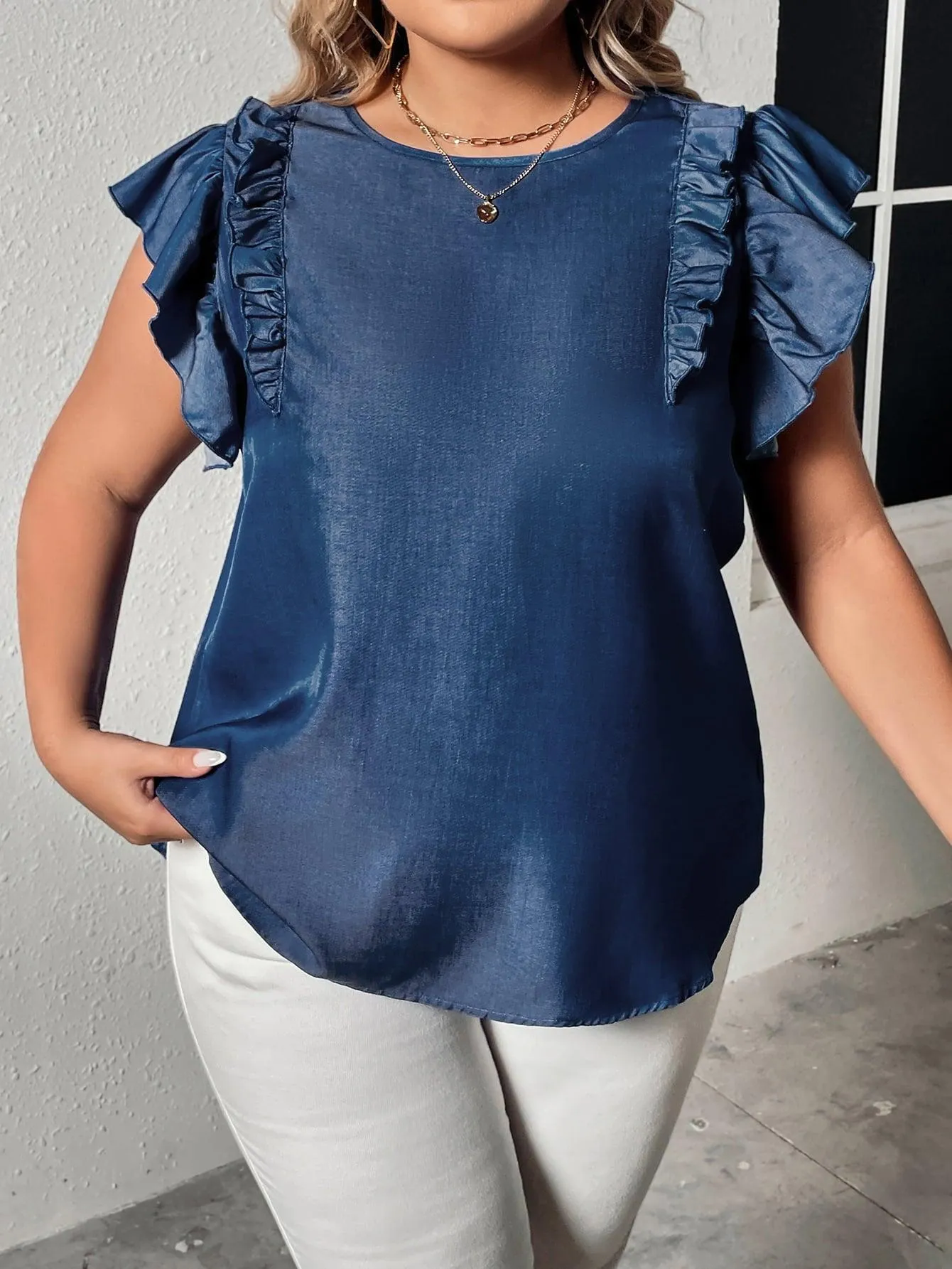 Frill Trim Ruffled Shoulder Plus Size Navy Blue Blouse