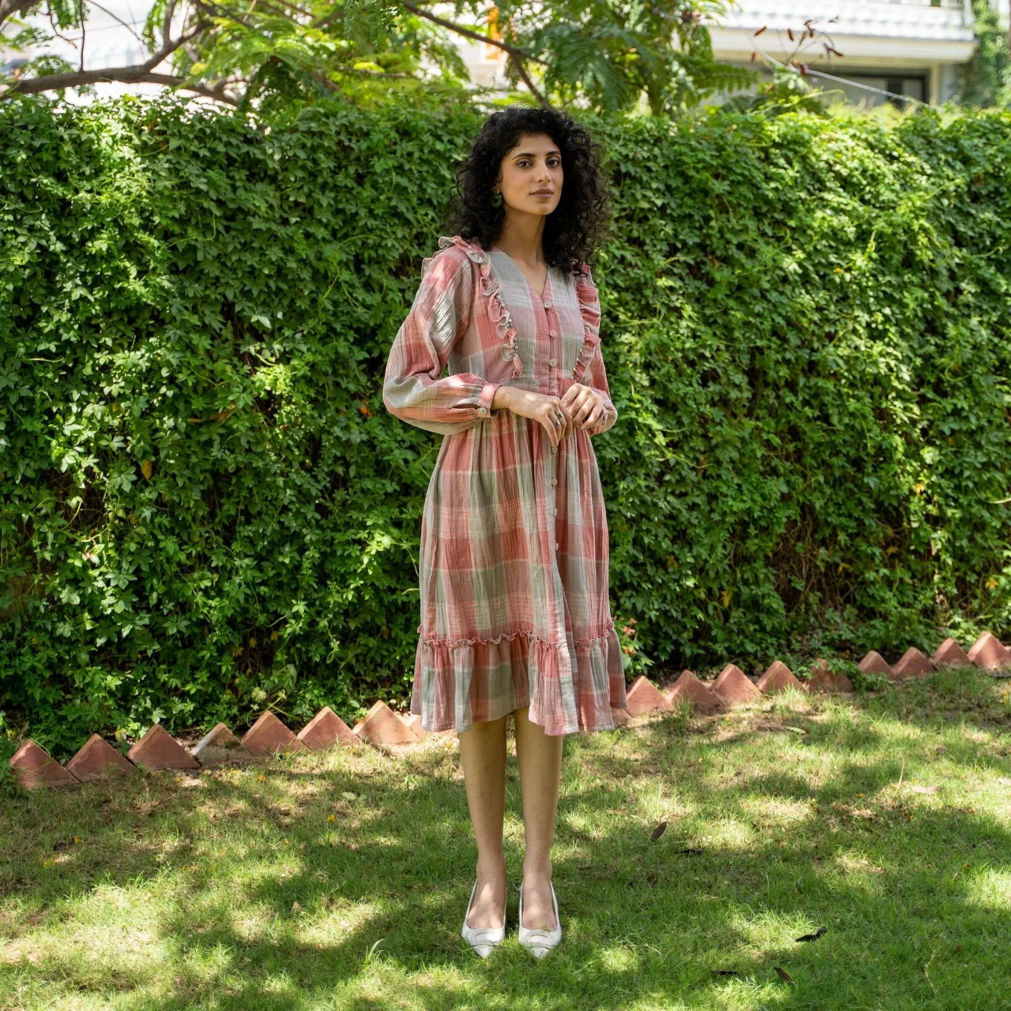 Grey and Salmon Pink Checks Crinkled Cotton Button-Down Boho Dress